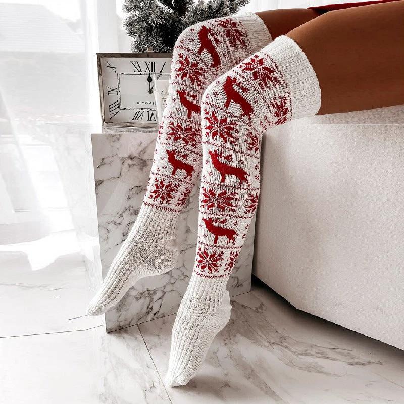 MANDOTOS Christmas Knitted Stockings Elk Snowflake Over-The-Knee Socks Free Size For Women