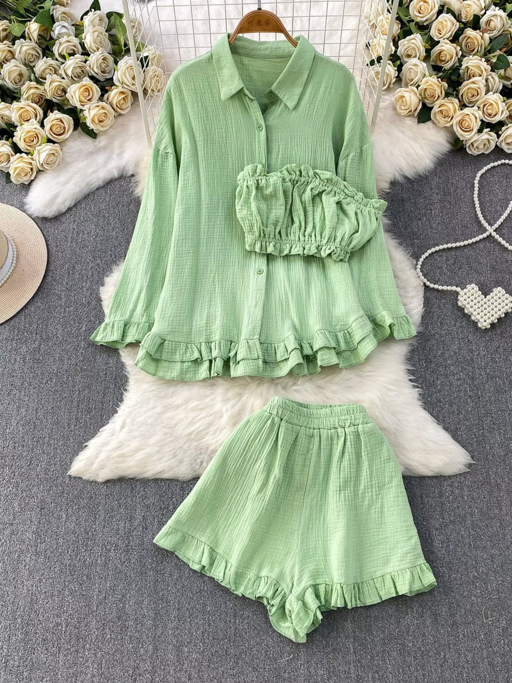 Tube Top & Long Sleeve Shirt & Shorts 3 Piece Set