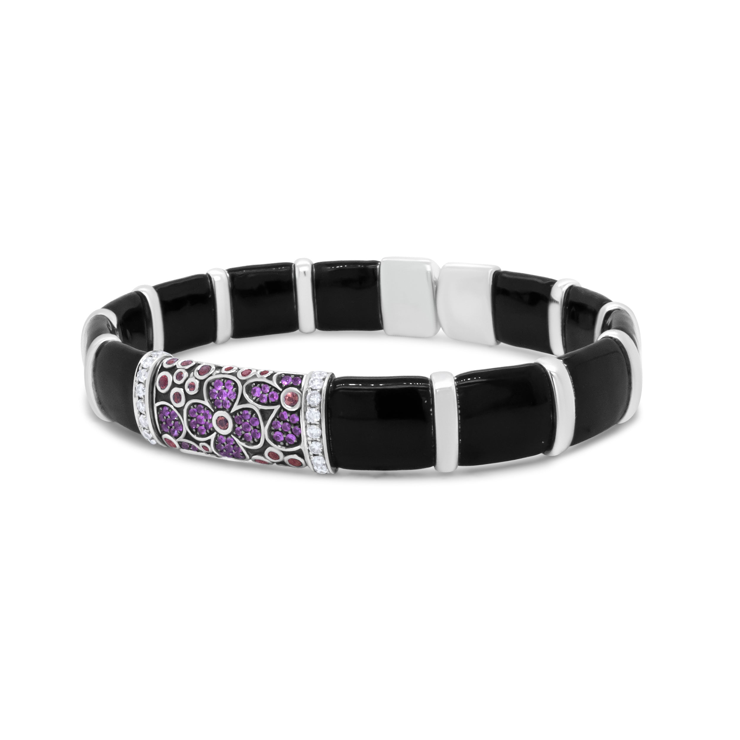 .925 Sterling Silver Black and Brown Enamel 1/3 Cttw Round Diamonds and Pink and Orange Sapphire Gemstones Floral Statement Bangle Bracelet (F-G Color, VS1-VS2 Clarity) - Size 7.75"