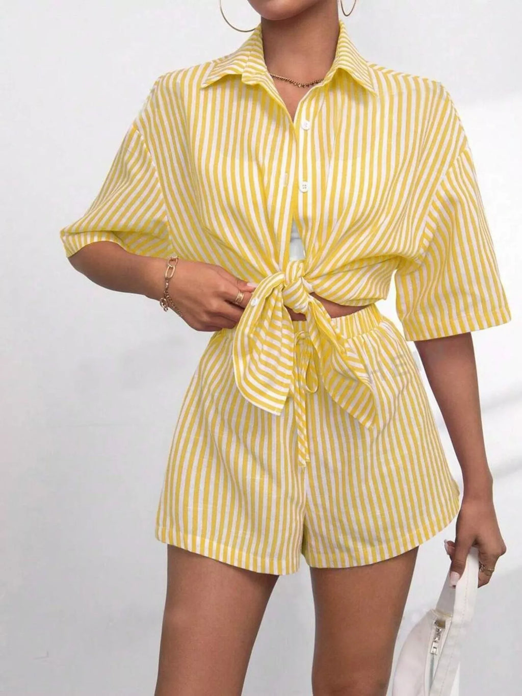 Striped Button Up Shirt and Shorts Casual Set