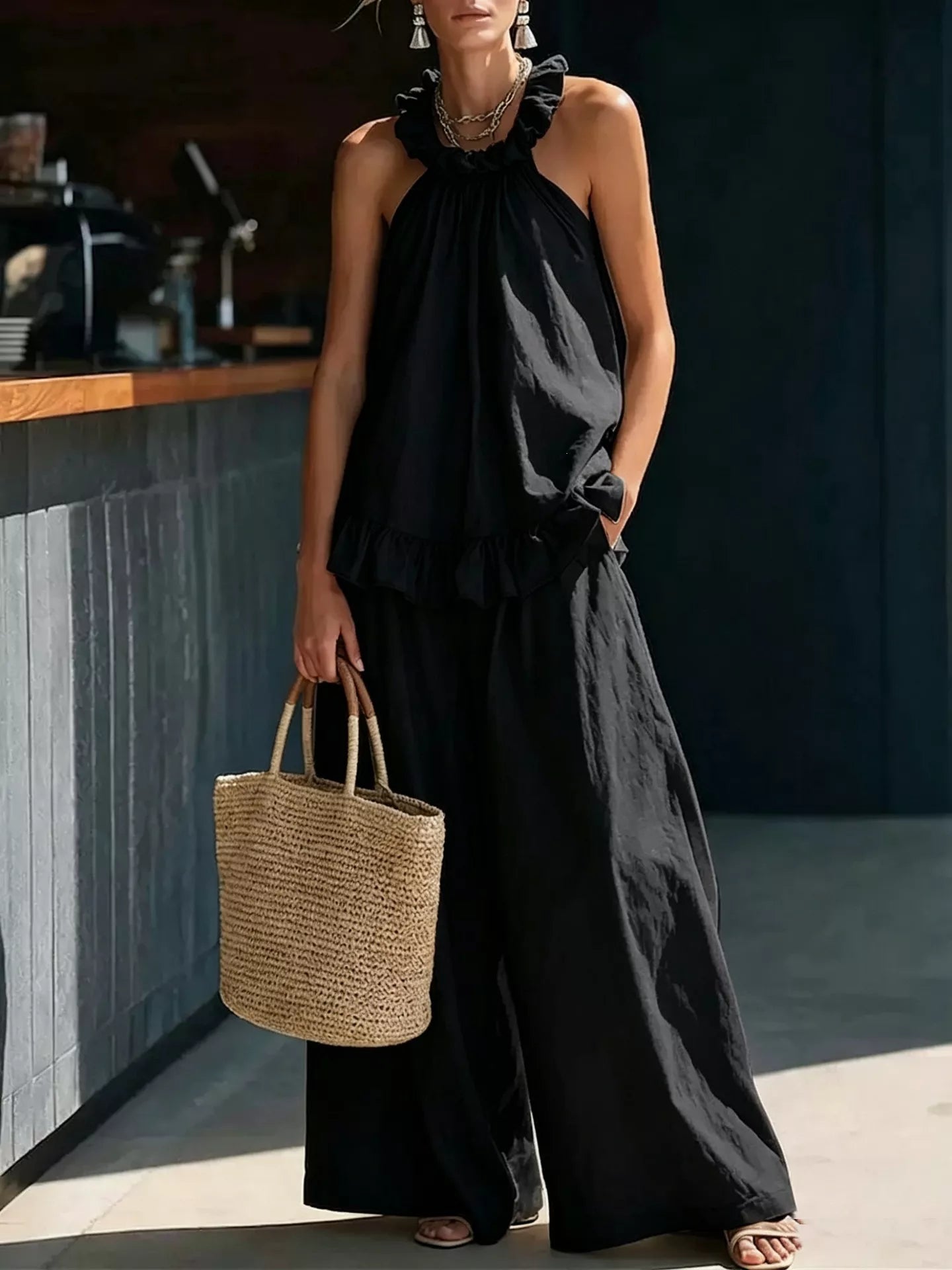 Full Size Ruffled Halter Neck Top and Wide-Leg Pants Set Plus Size