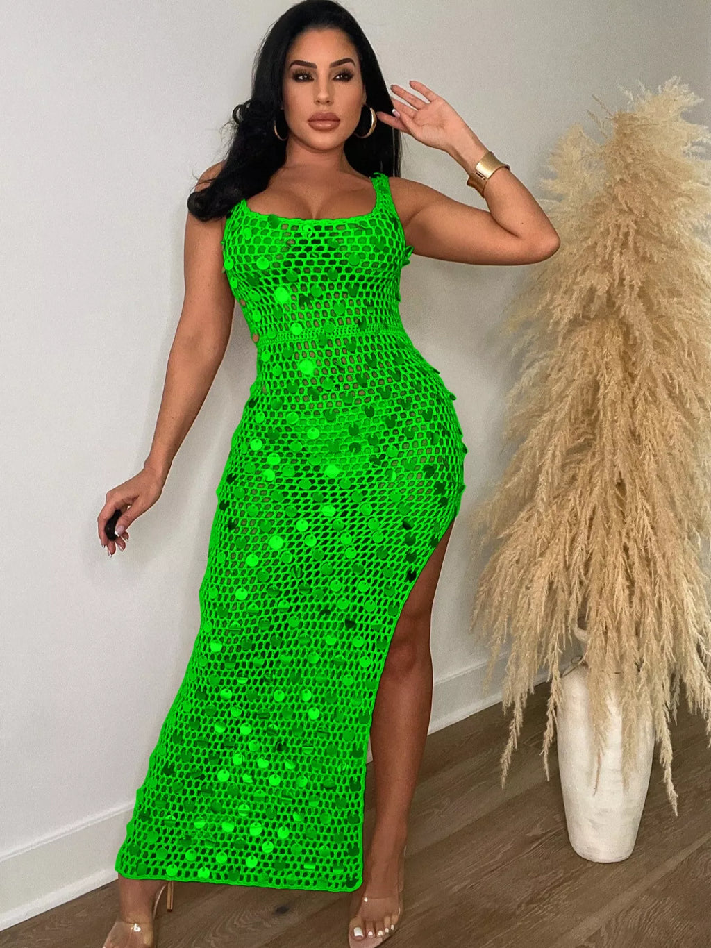 Sequin Embellished Crochet Maxi Dress with High Slit