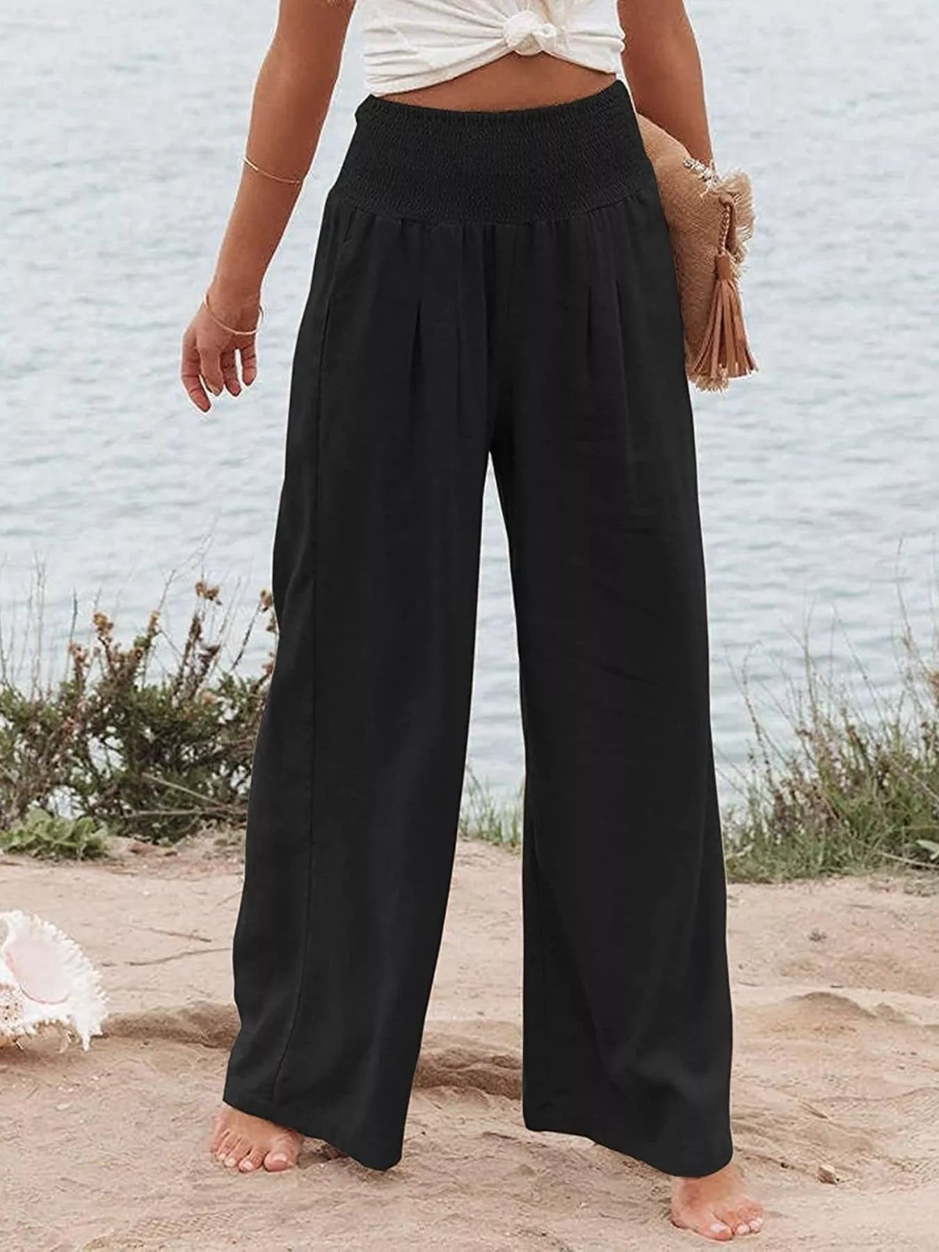 Smocked High Waisted Wide Leg Pants