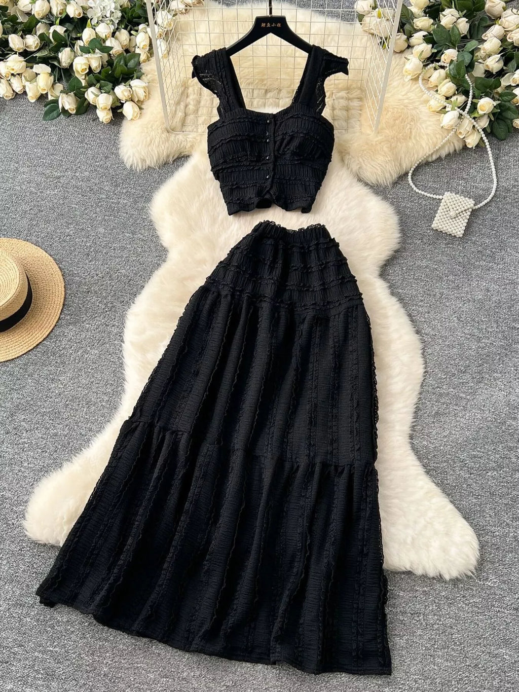 Textured Crop Top and Tiered Skirt Set