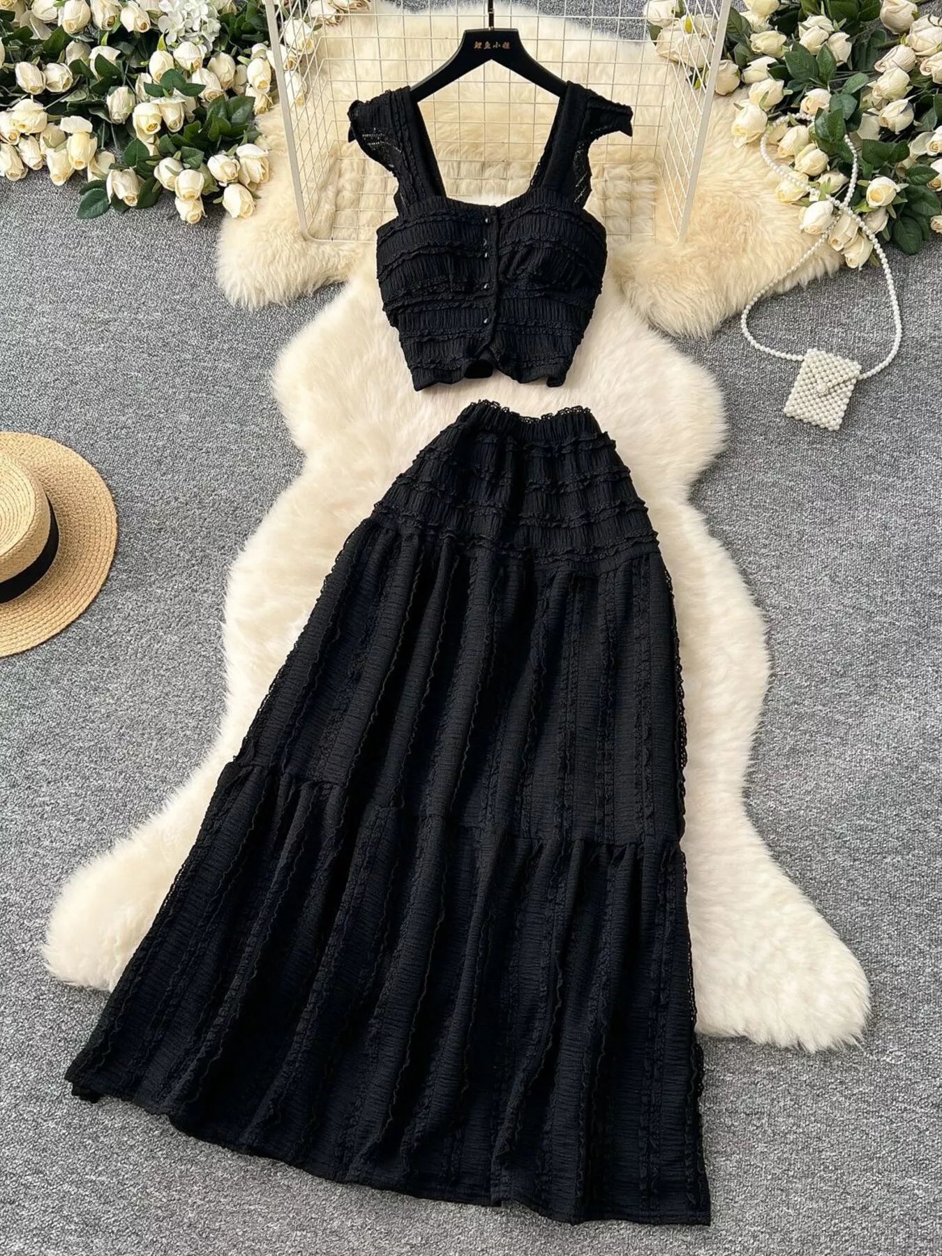 Textured Crop Top and Tiered Skirt Set