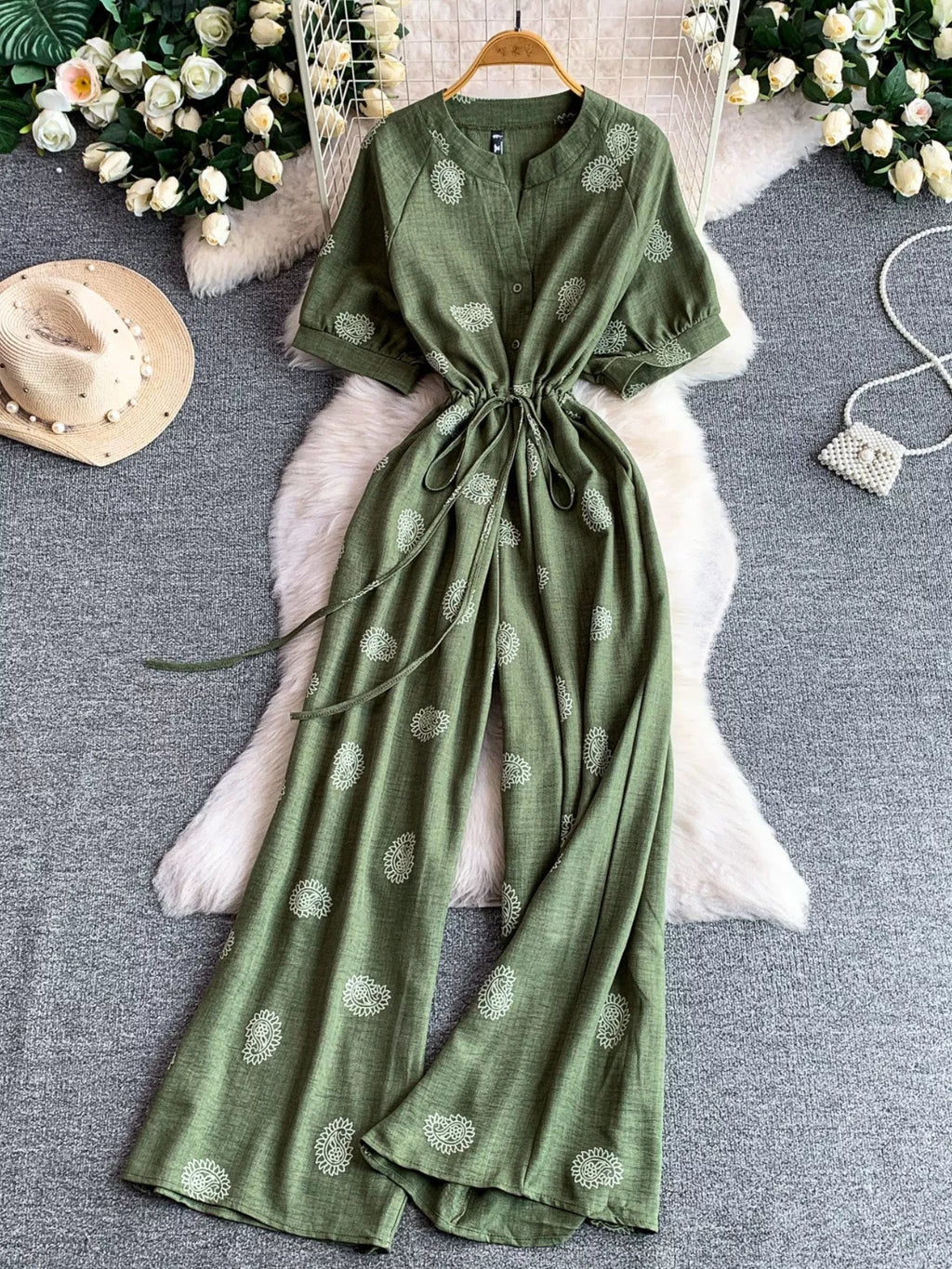 Printed Short Sleeve Wide Leg Jumpsuit