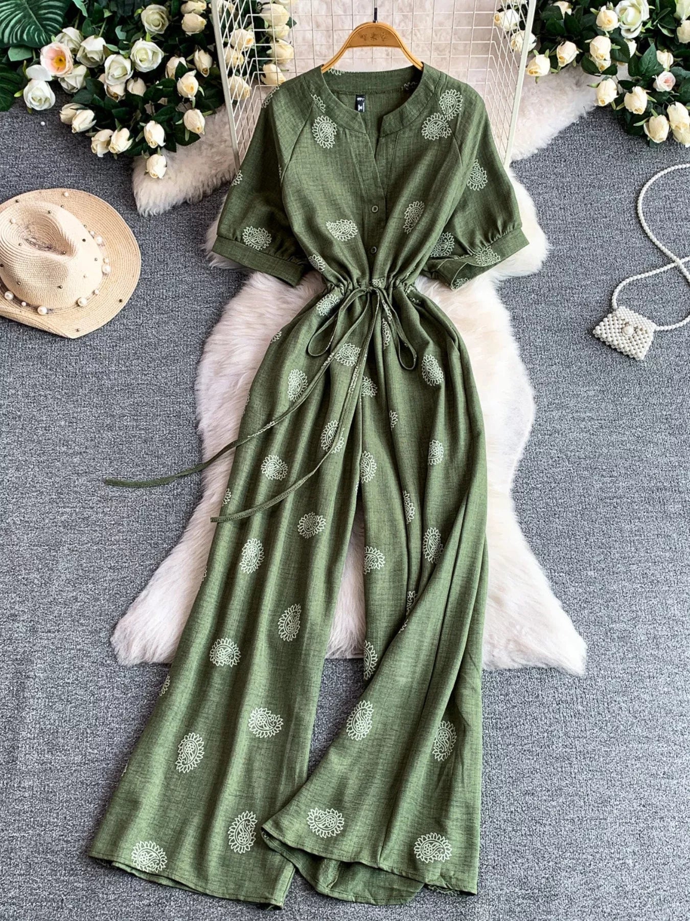 Printed Short Sleeve Wide Leg Jumpsuit