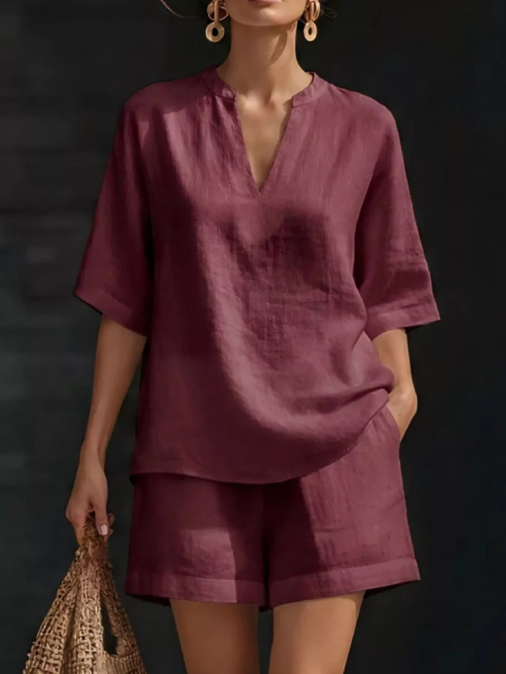 Full Size Notched Half Sleeve Top and Shorts Set Plus Size