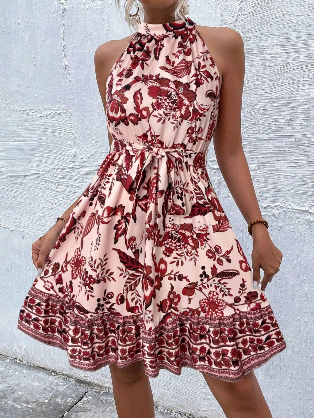Printed Sleeveless Tie Waist Dress