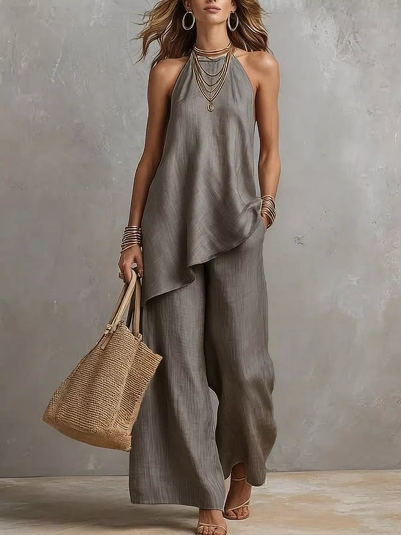 Full Size Asymmetrical Hem Cami and Wide Leg Pants Set Plus Size