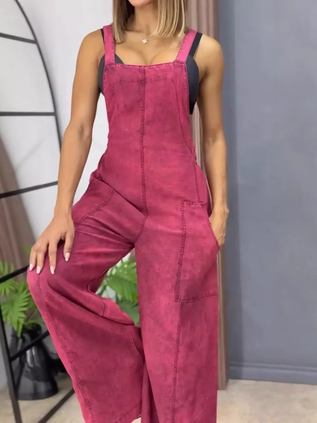 Full Size Vintage Wash Wide Leg Denim Overalls Plus Size