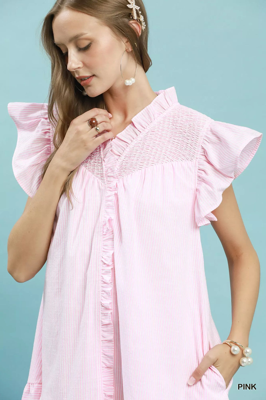 Umgee Stripe Smocked Yoke Ruffle Dress