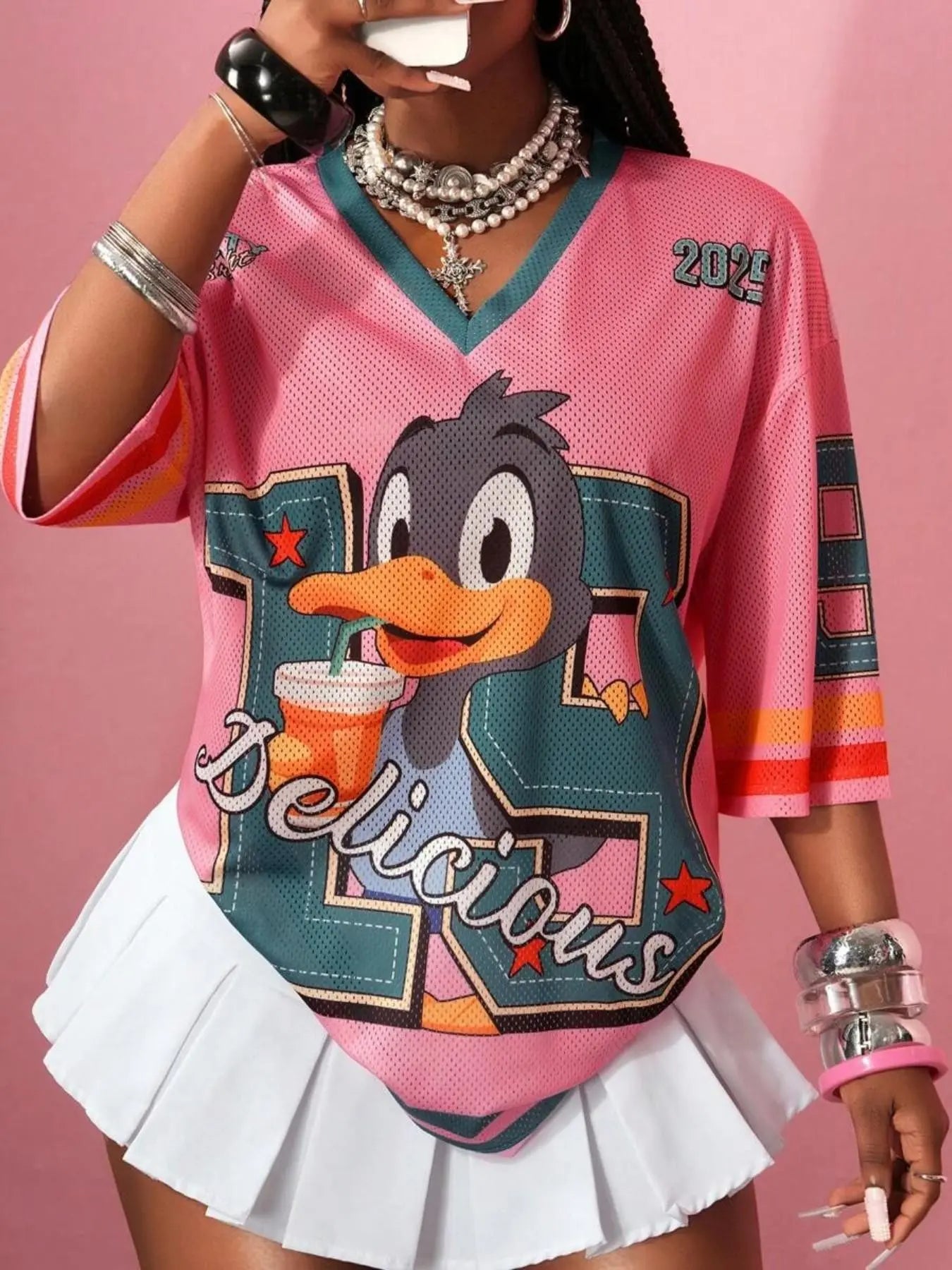 Hip-Hop Sporty Loose Mesh V-Neck Retro T-Shirt – Doll Drop Shoulder Short Sleeve Streetwear Tee