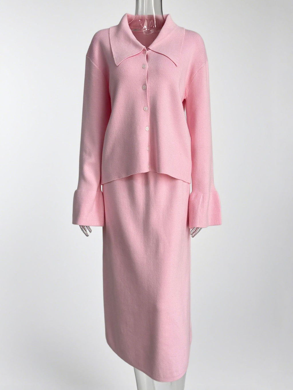 Button Down Long Sleeve Cardigan and Skirt Knit Set