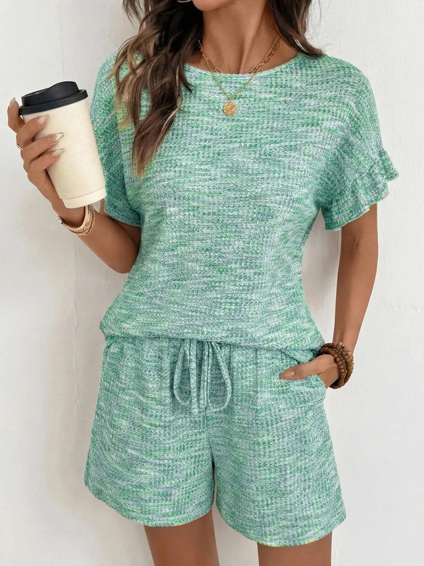 Ruffle Sleeve Textured Top and Shorts Set