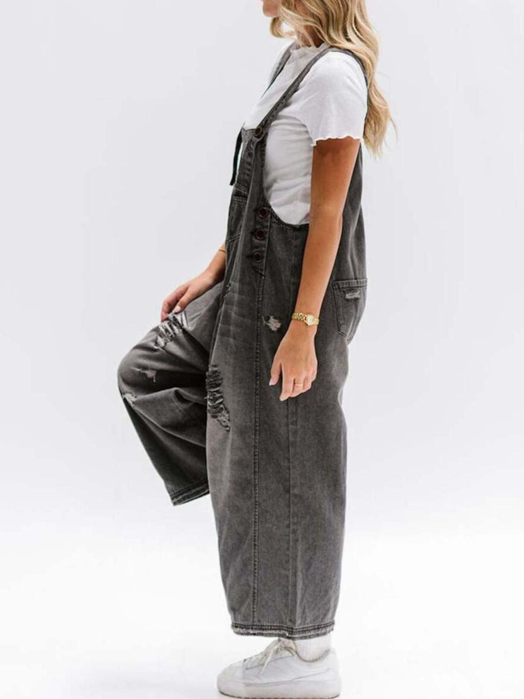 Distressed Wide Leg Denim Overalls