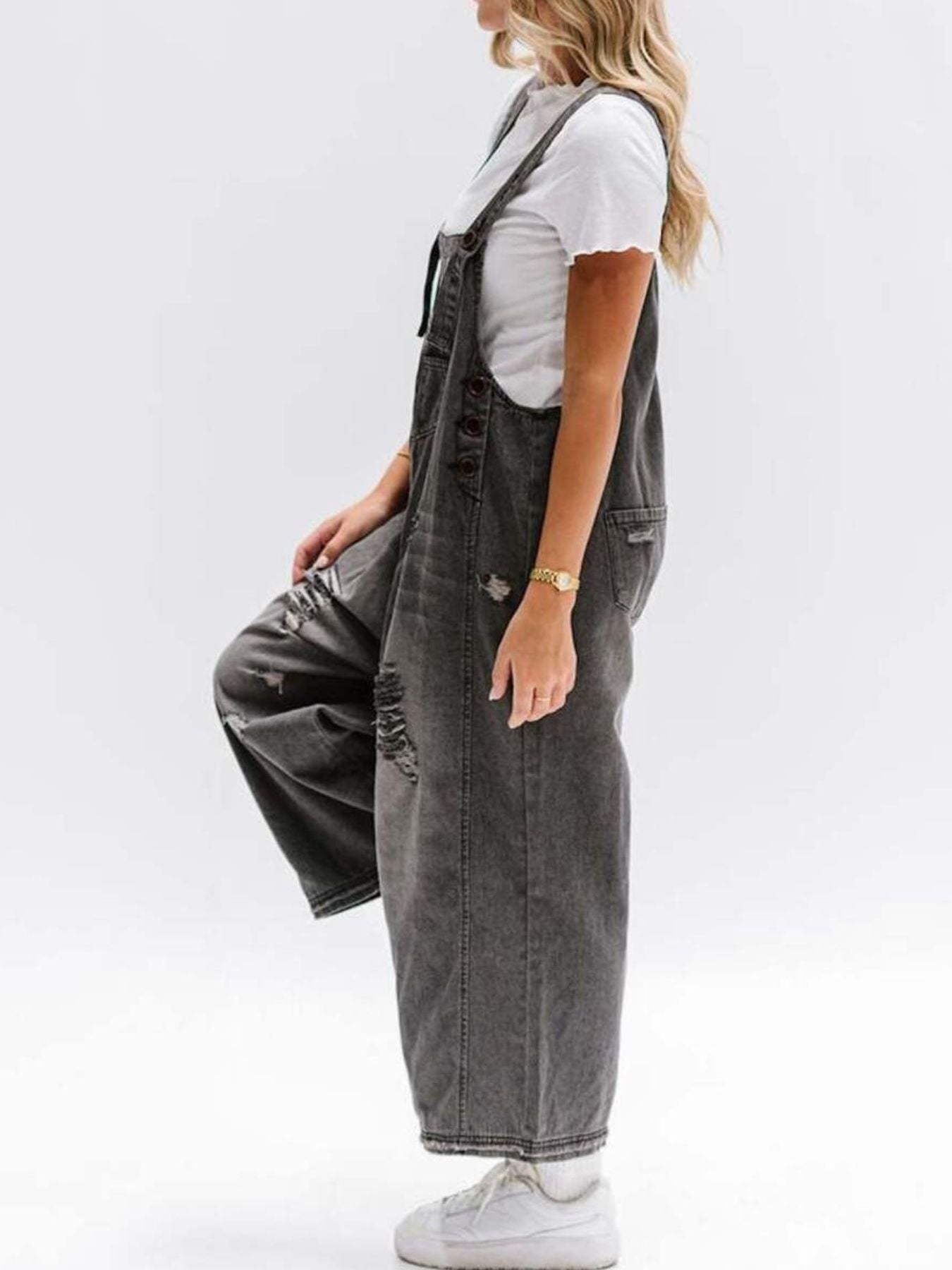 Distressed Wide Leg Denim Overalls