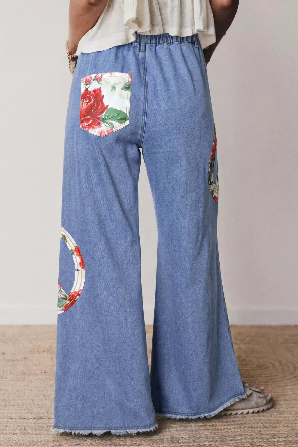 Floral Peace Sign Wide Leg Jeans