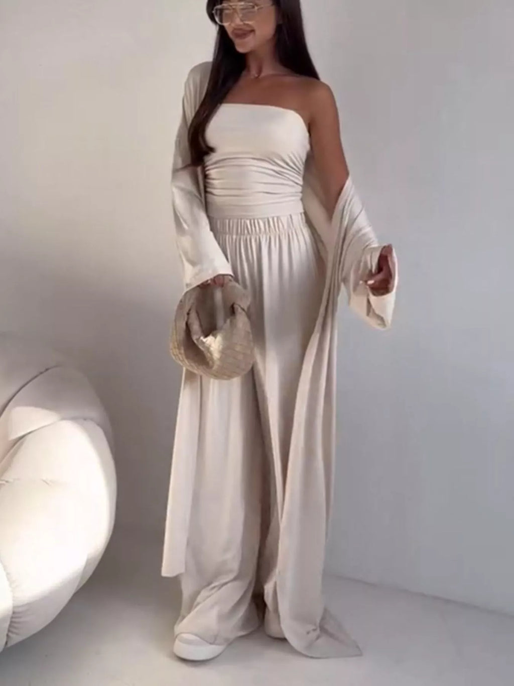 Tube Top & Cardigan & Wide Leg Pants 3-Piece Set