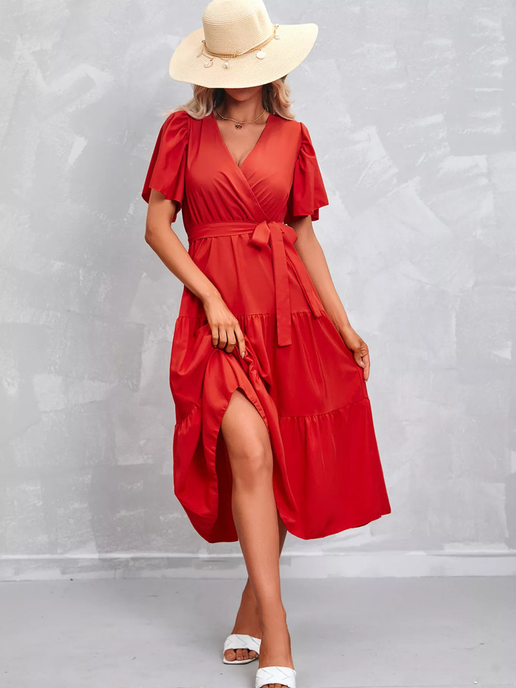 Flutter Sleeve Tiered Midi Dress