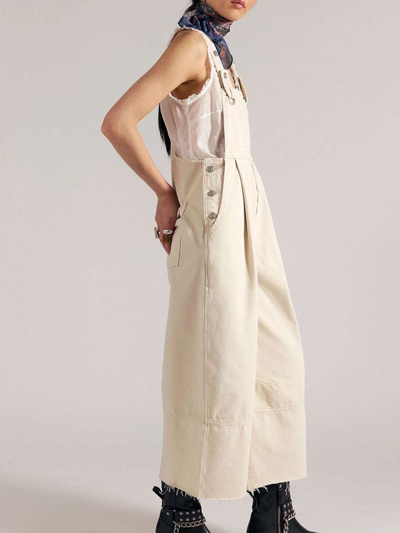 Raw Hem Wide-Leg Denim Overalls