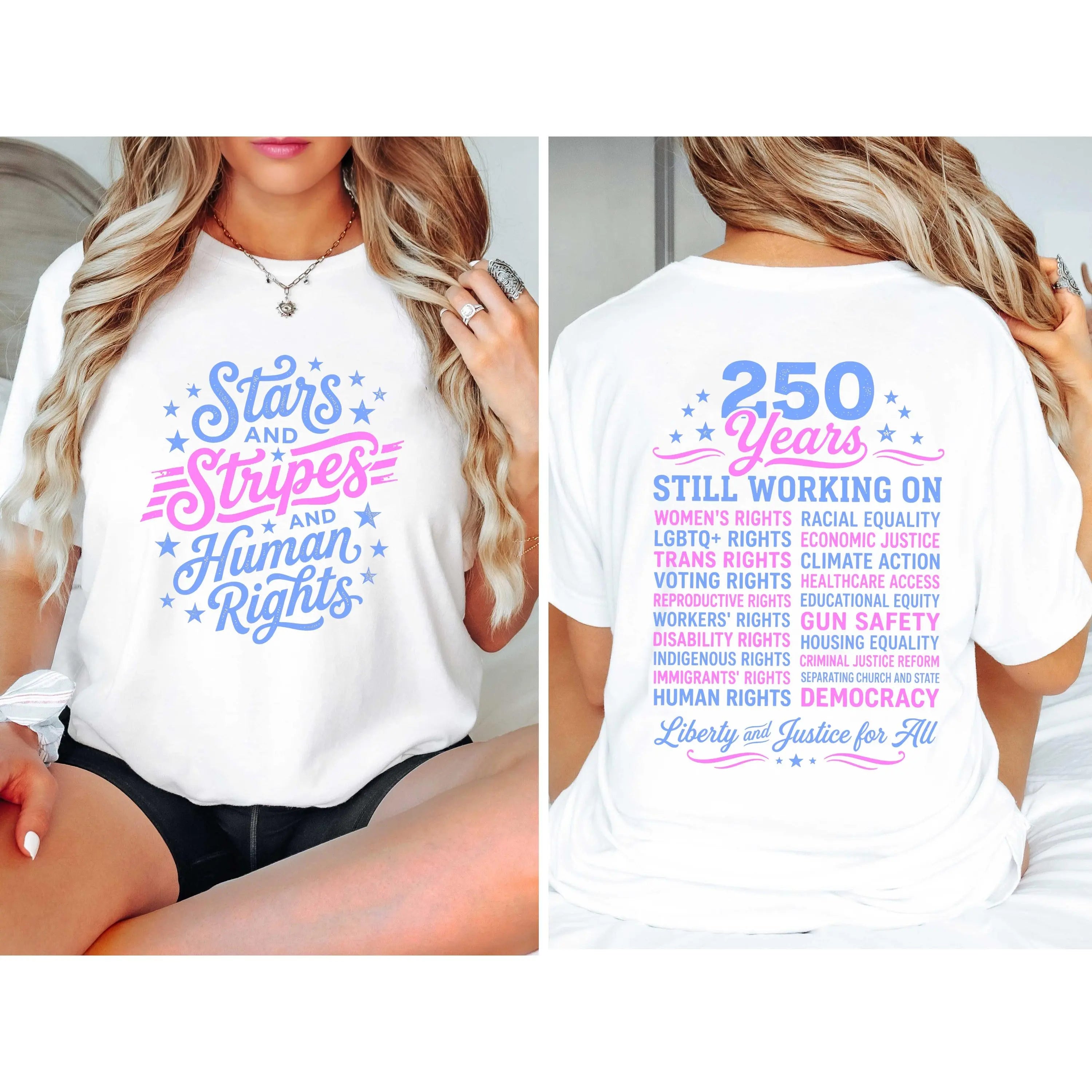 "Stars and Stripes and Human Rights" T-Shirt – America 250th Anniversary Social Justice Patriotic Graphic Tee