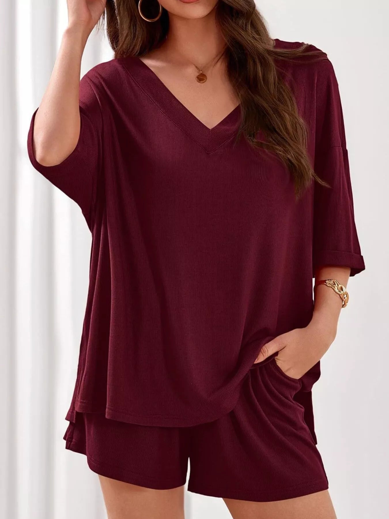 Casual Solid Color V-Neck Top & Shorts Set