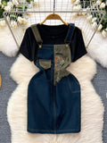 Short Sleeve T-Shirt and Denim Overall Dress Set