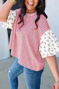 Stripe Floral Puff Sleeve Patchwork Round Neck Loose Top