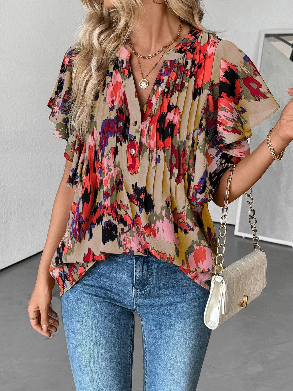 Abstract Print Flutter Sleeve Blouse