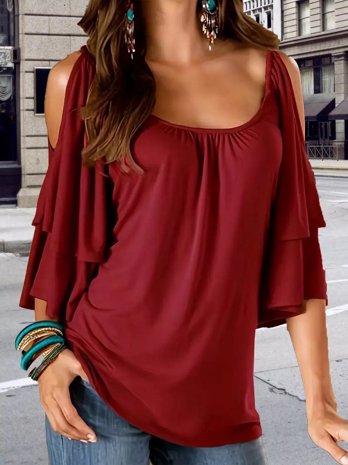 Cold Shoulder Ruffle Sleeve T-Shirt