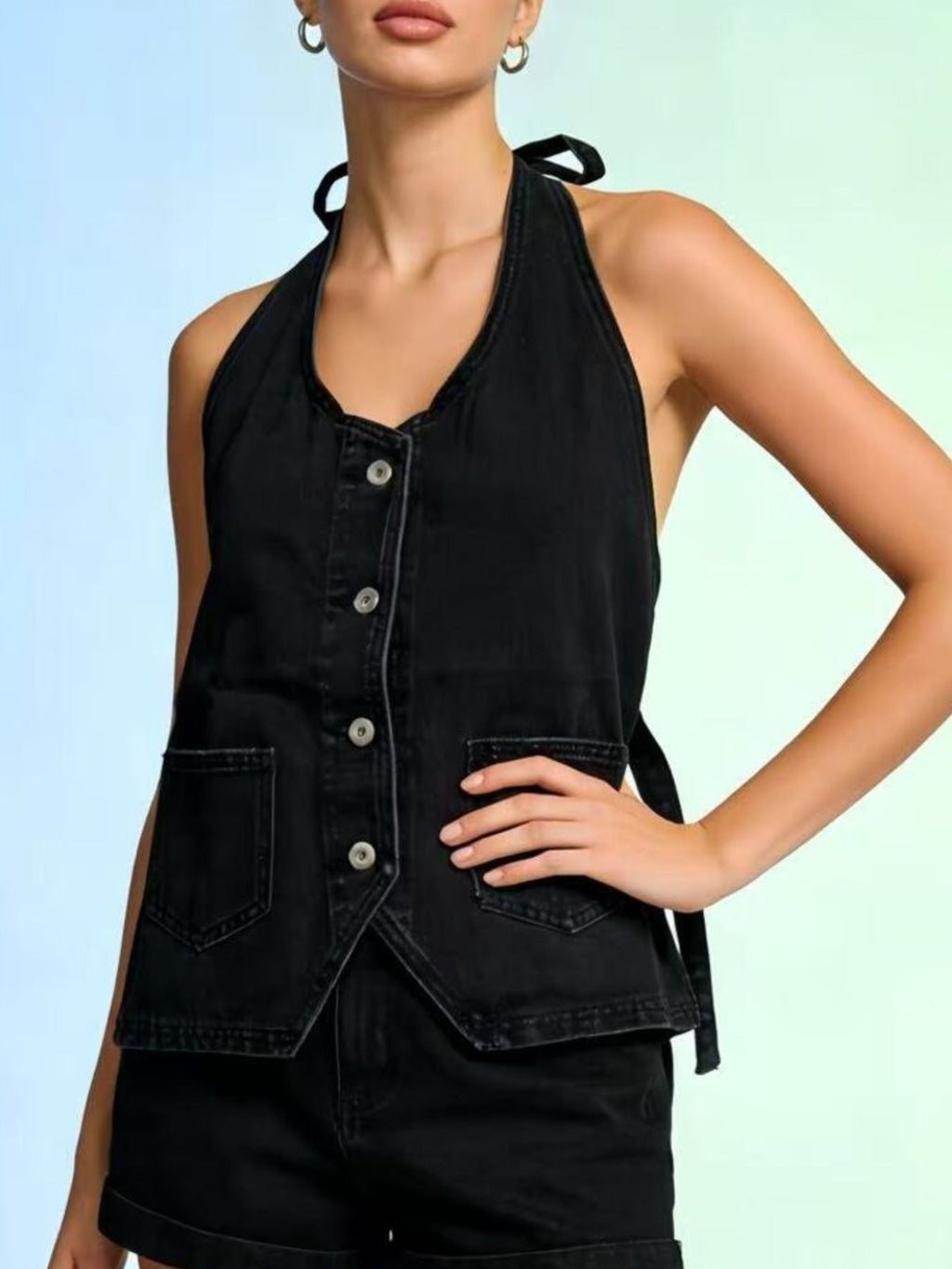 Halter Neck Button-Down Denim Vest