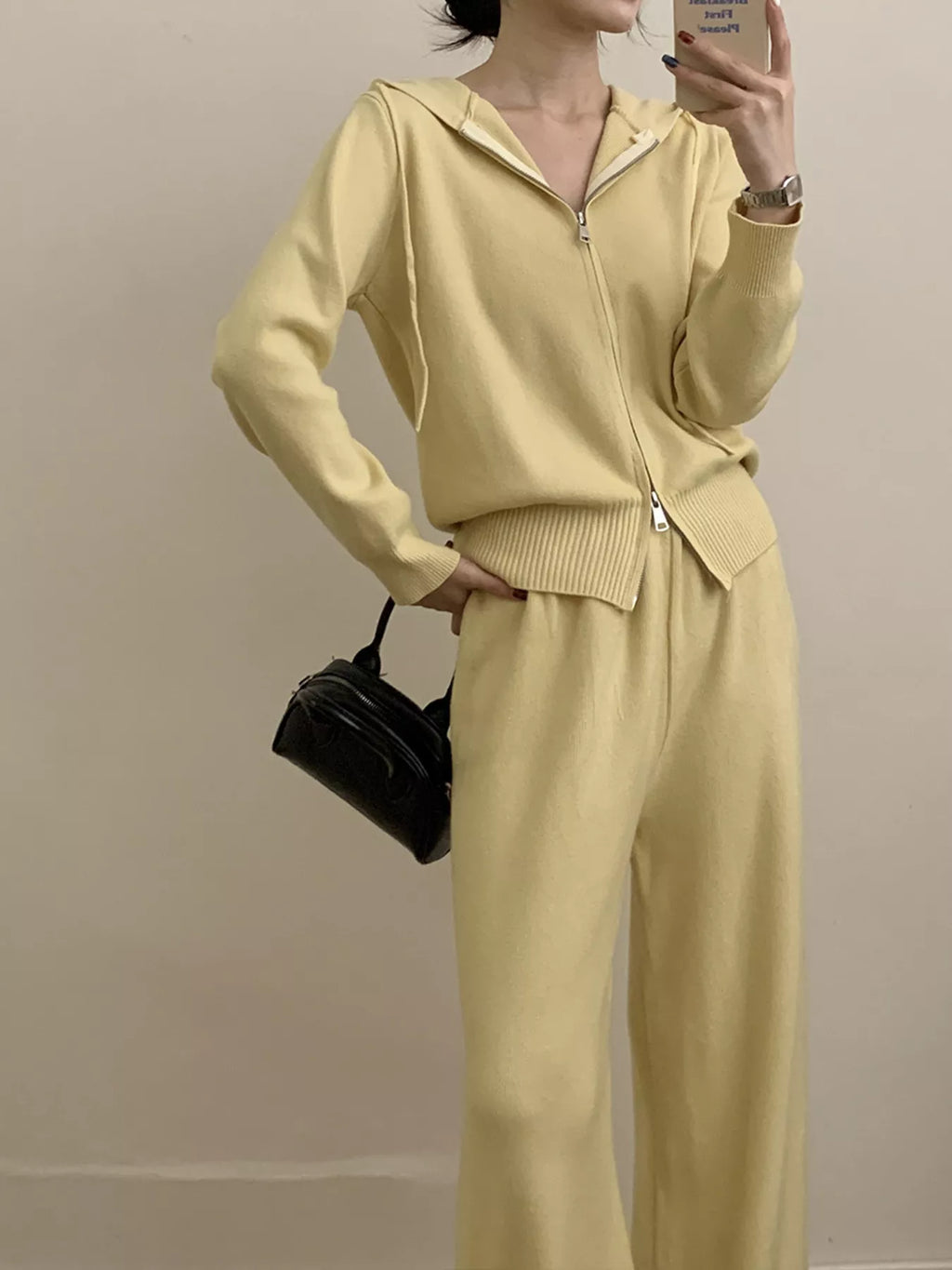 Zip Up Cardigan and Drawstring Wide Leg Pants Knit Set