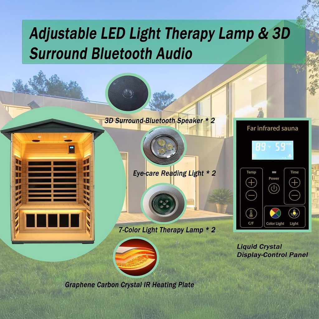 Thermora Riva Premium 2-Person Black Carbonized Walnut Low EMF Far Infrared Outdoor Sauna With Bluetooth Audio And LED Lighti