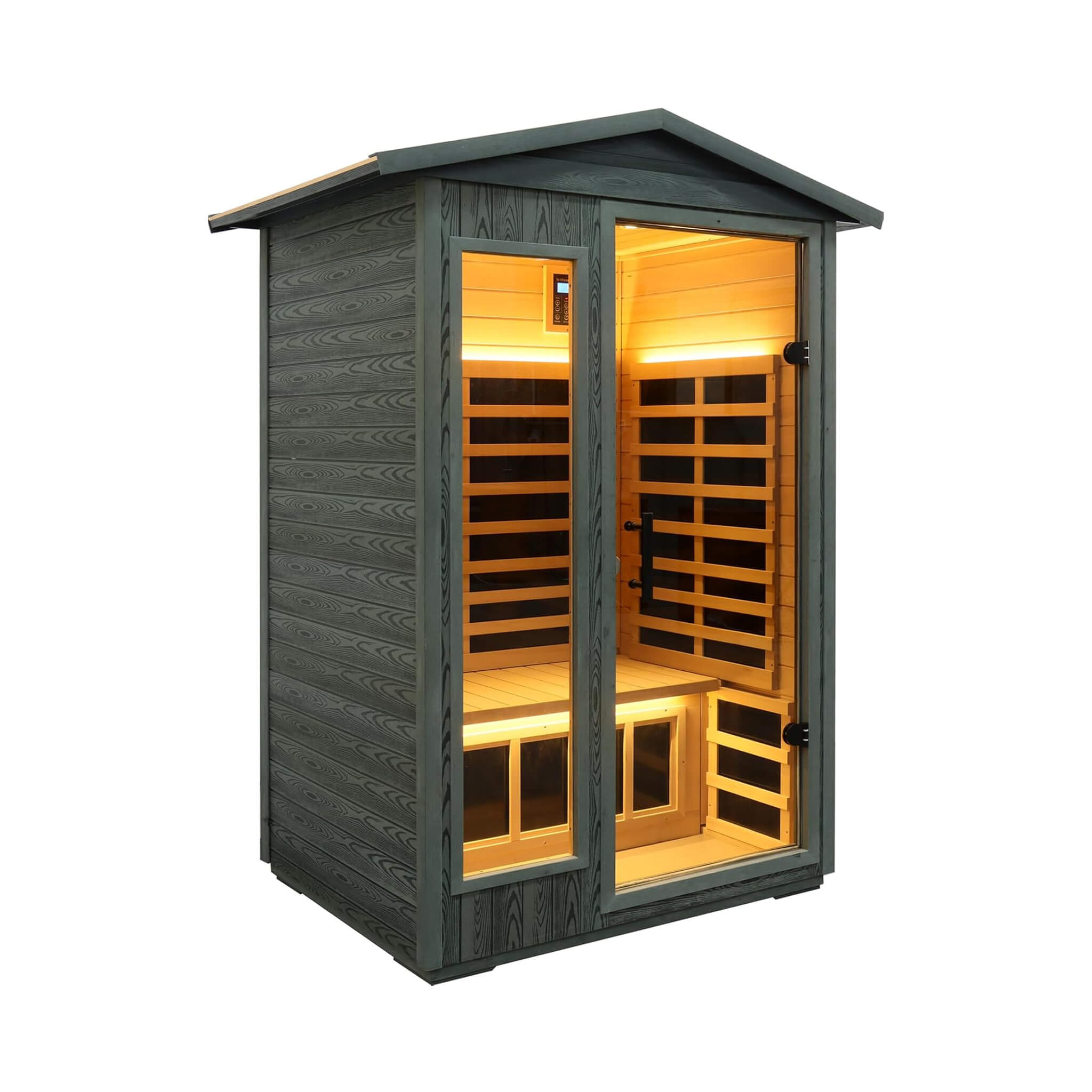 Thermora Riva Premium 2-Person Black Carbonized Walnut Low EMF Far Infrared Outdoor Sauna With Bluetooth Audio And LED Lighti