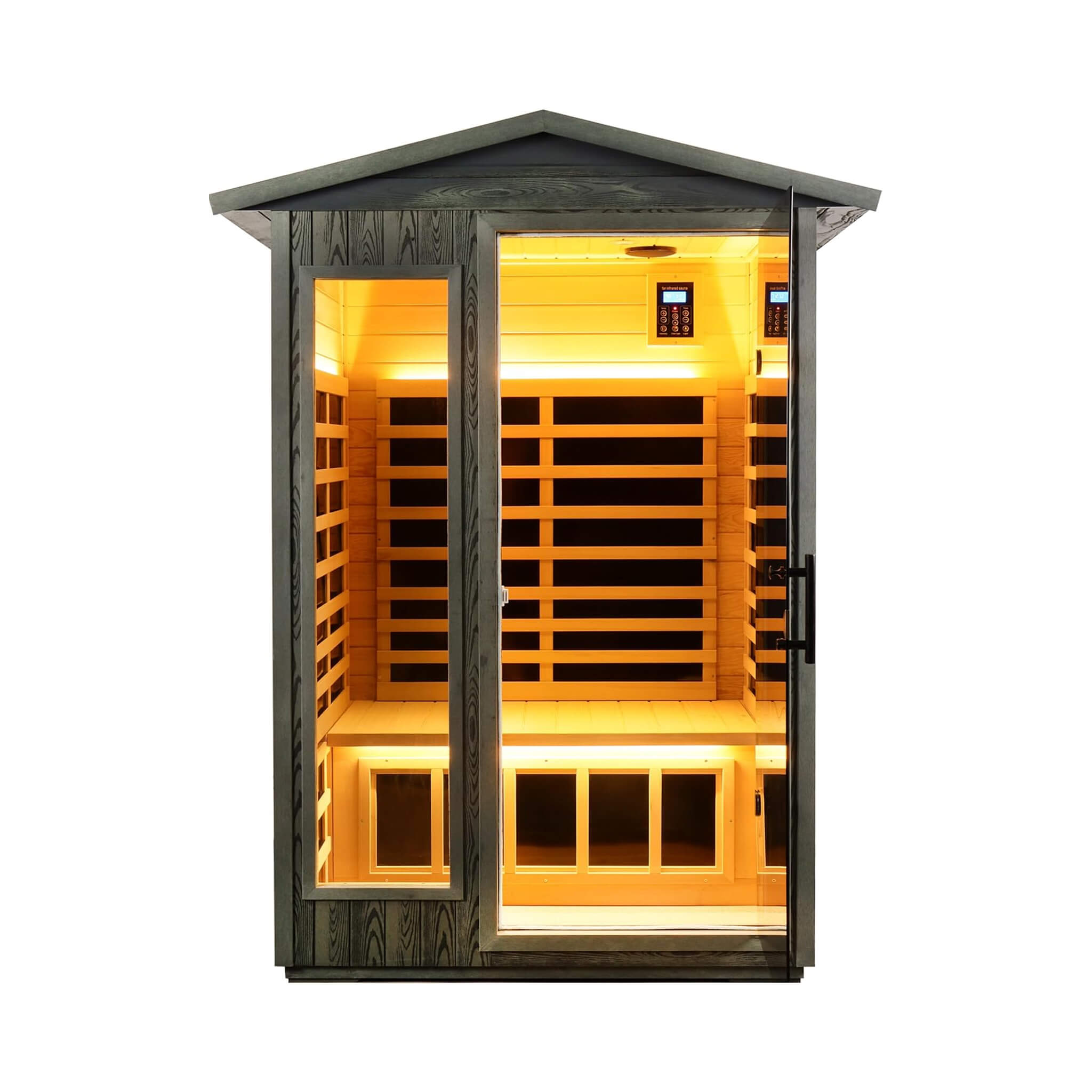 Thermora Riva Premium 2-Person Black Carbonized Walnut Low EMF Far Infrared Outdoor Sauna With Bluetooth Audio And LED Lighti