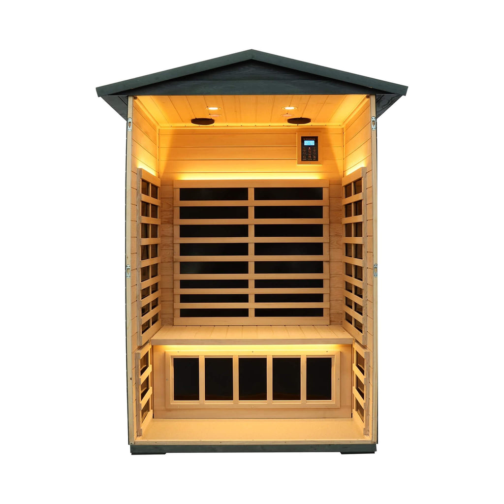 Thermora Riva Premium 2-Person Black Carbonized Walnut Low EMF Far Infrared Outdoor Sauna With Bluetooth Audio And LED Lighti