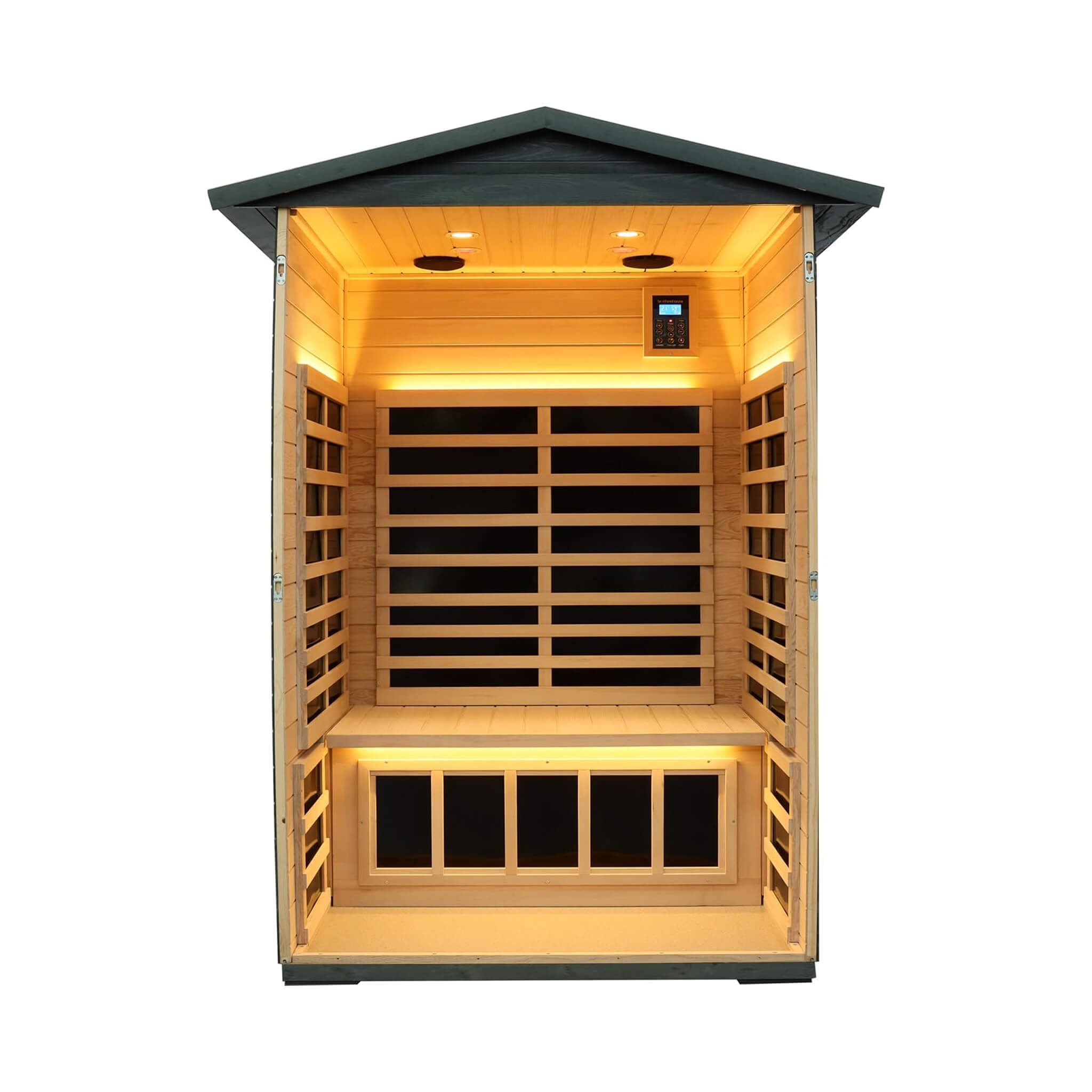 Thermora Riva Premium 2-Person Black Carbonized Walnut Low EMF Far Infrared Outdoor Sauna With Bluetooth Audio And LED Lighti