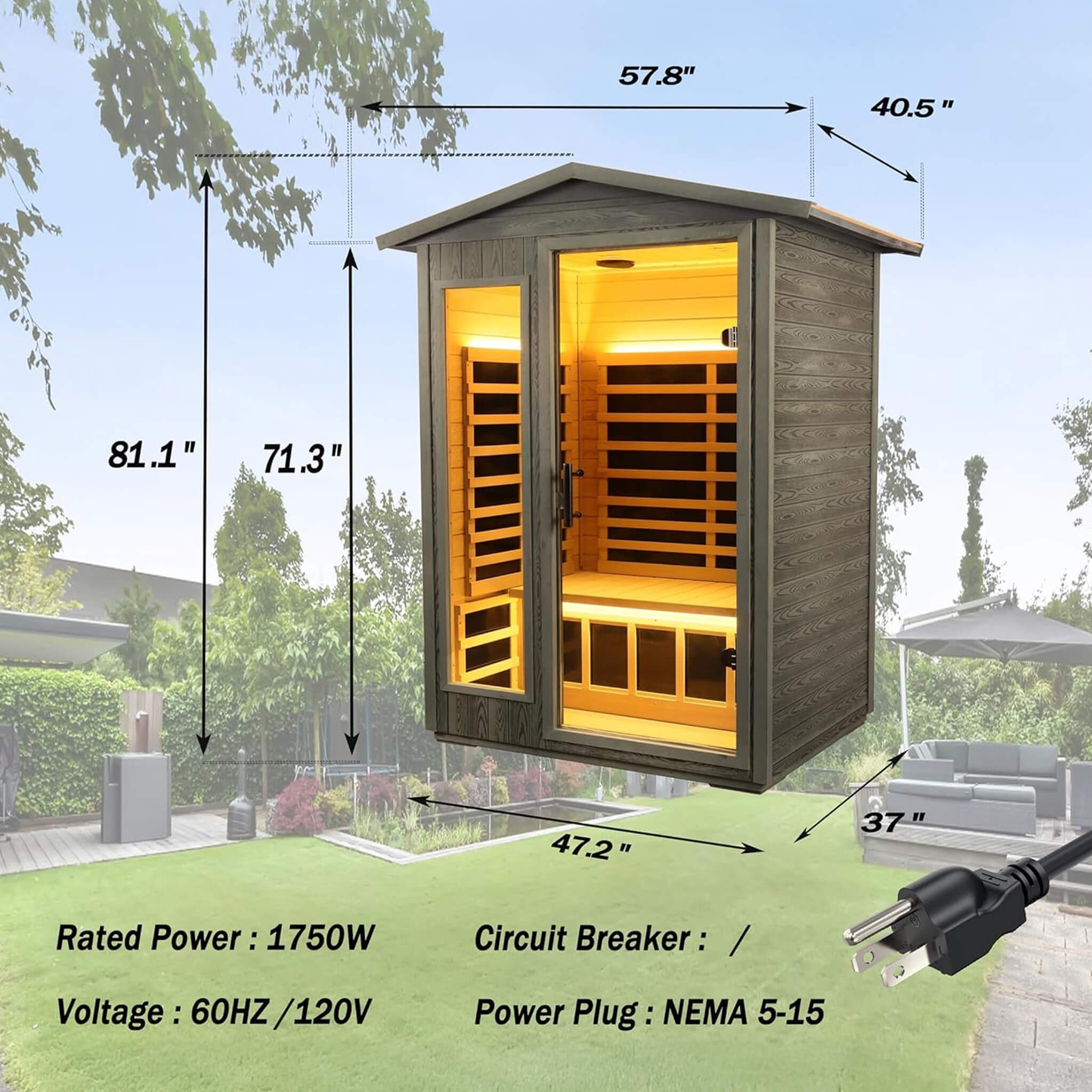 Thermora Riva Premium 2-Person Black Carbonized Walnut Low EMF Far Infrared Outdoor Sauna With Bluetooth Audio And LED Lighti