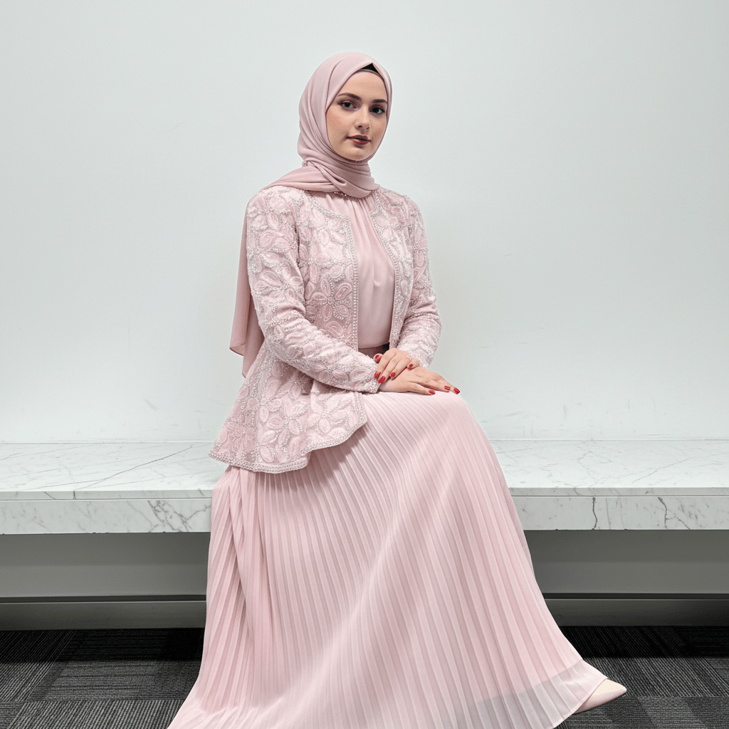 2-Piece Pearl Beaded 3D Rose Embroidered Jacket & Chiffon Pleated Maxi Dress Set(MS401)