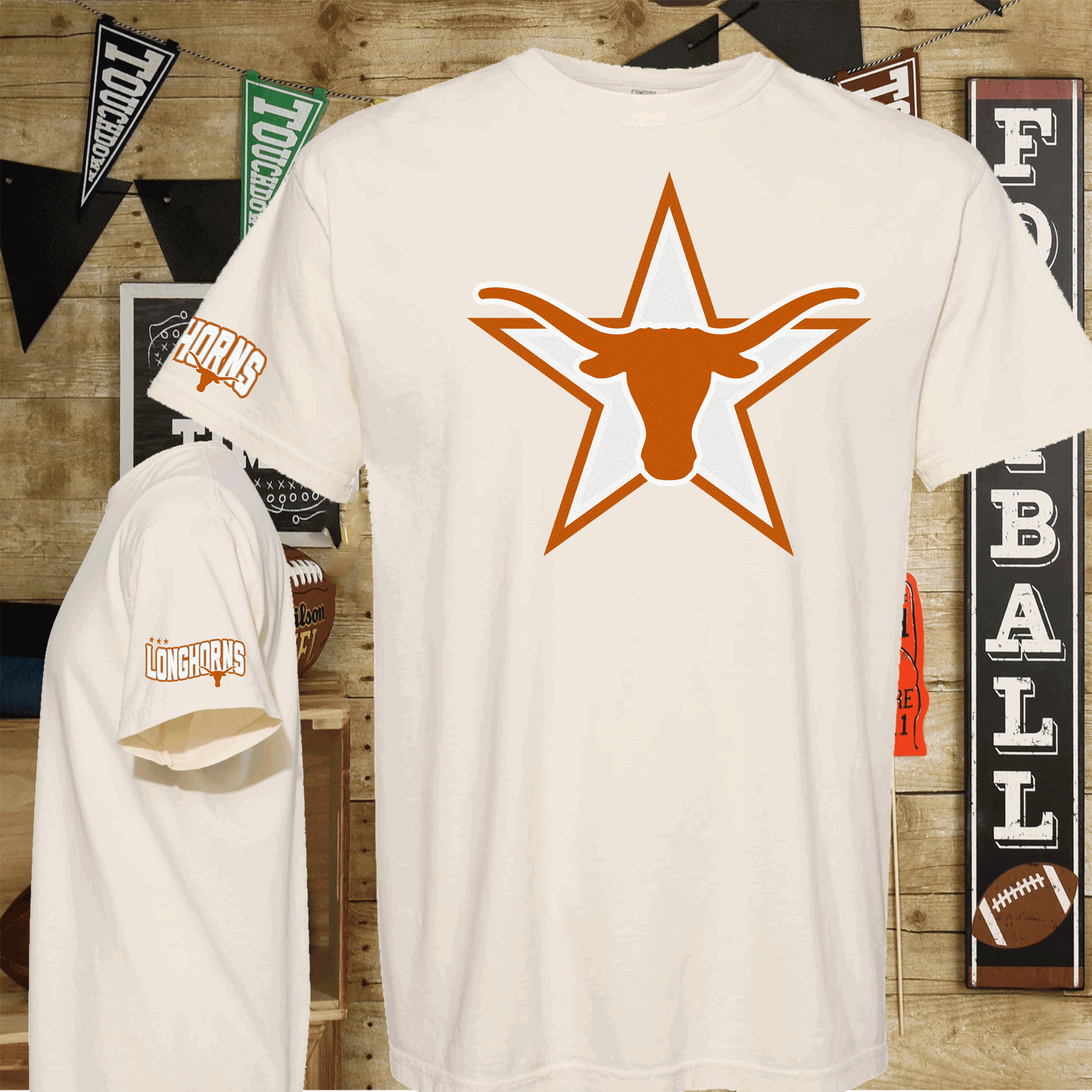 A Blessed Texas Mess Boutique University of Texas Football Shirts, Longhorns Football sweatshirts, SEC… — A Blessed Texas Mess Boutique branding close-up