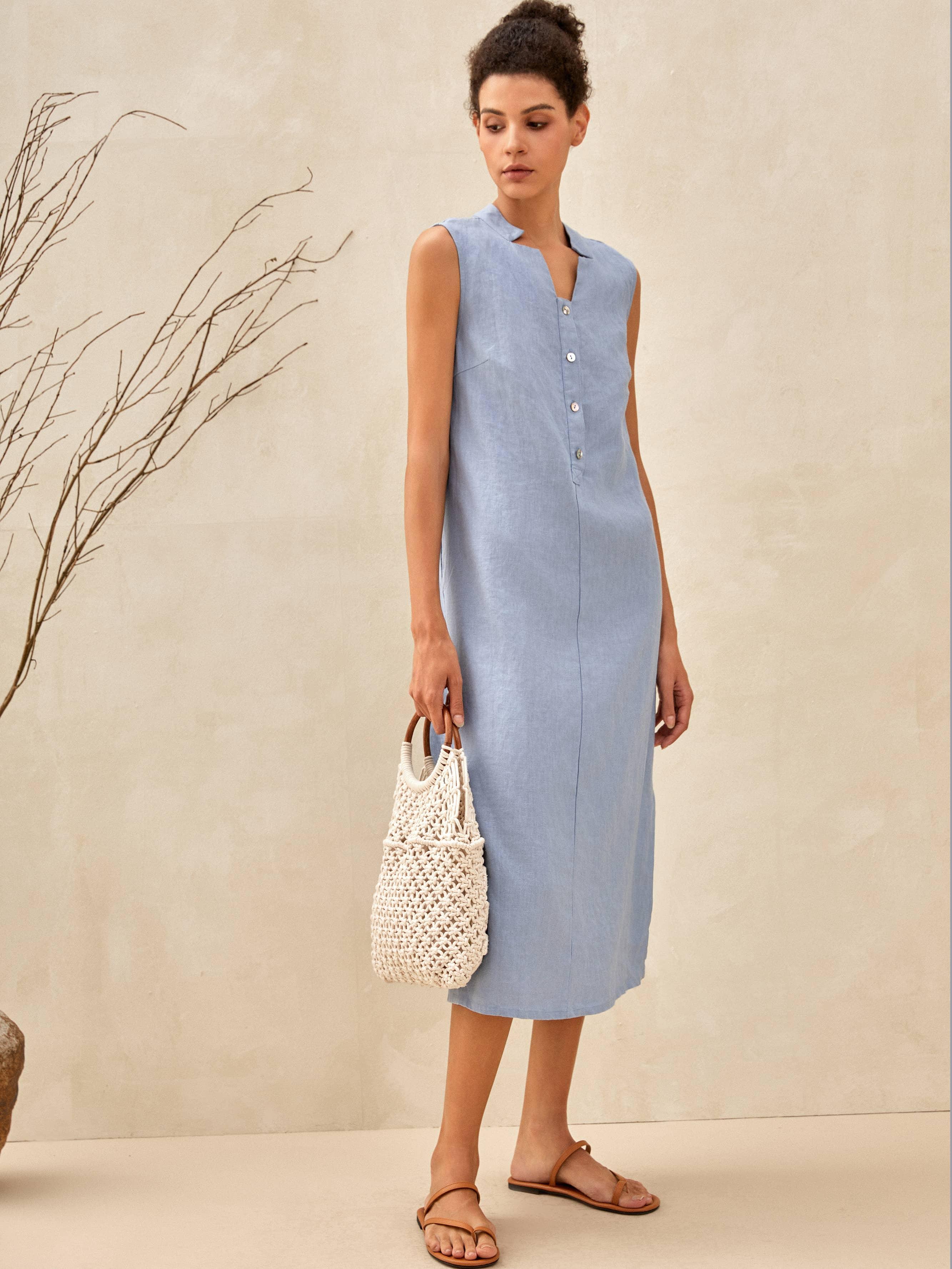 LINTICO 100% Linen Sleeveless Straight High Slit Maxi Dress TAYLOR — LINTICO branding close-up