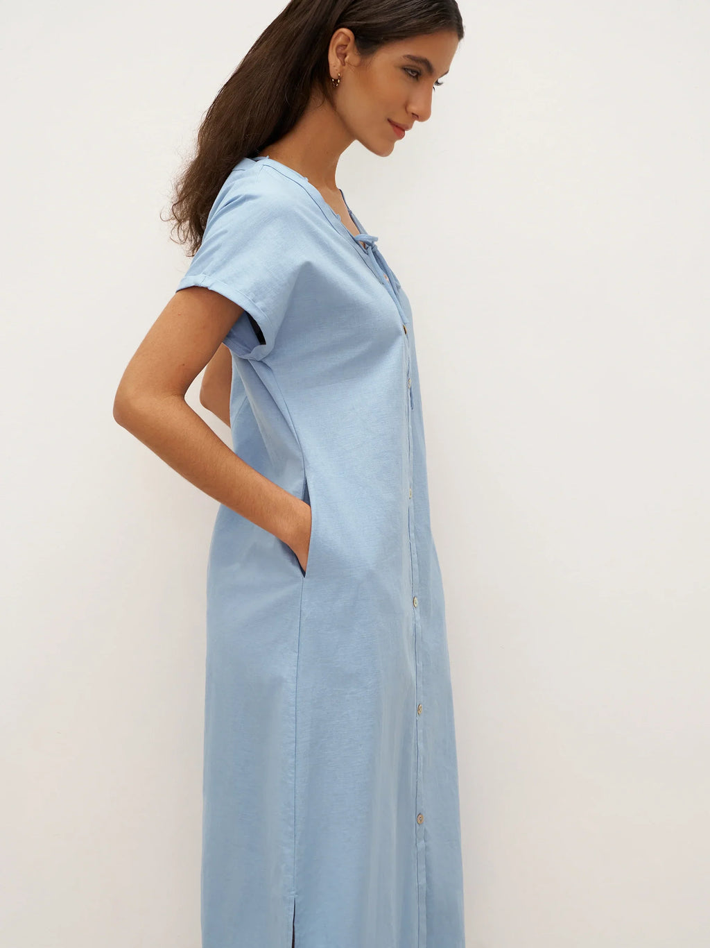 LINTICO LINTICO Linen Ladder Tie Simple Dress TAMARA — lifestyle worn / used context
