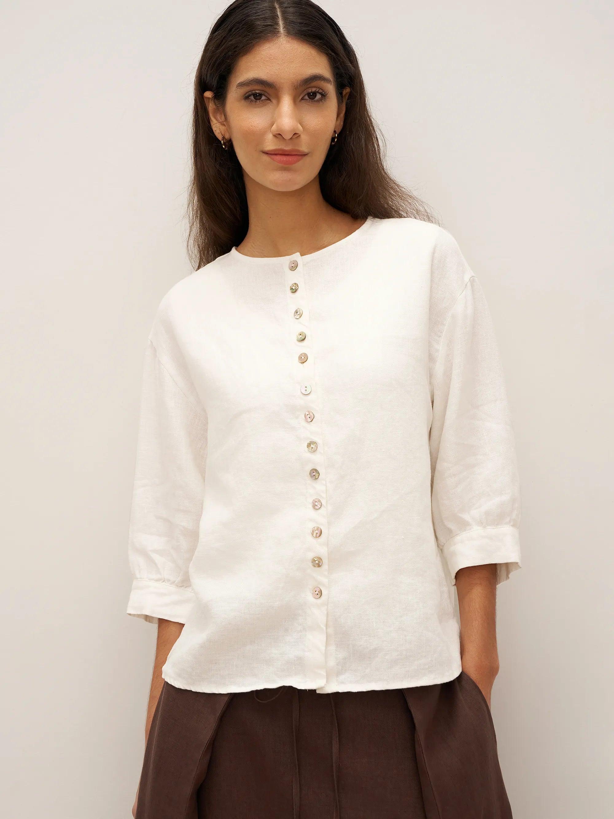 LINTICO 100% Linen Button-Front Drop Shoulder Shirt EASTER — Drop Shoulder detail