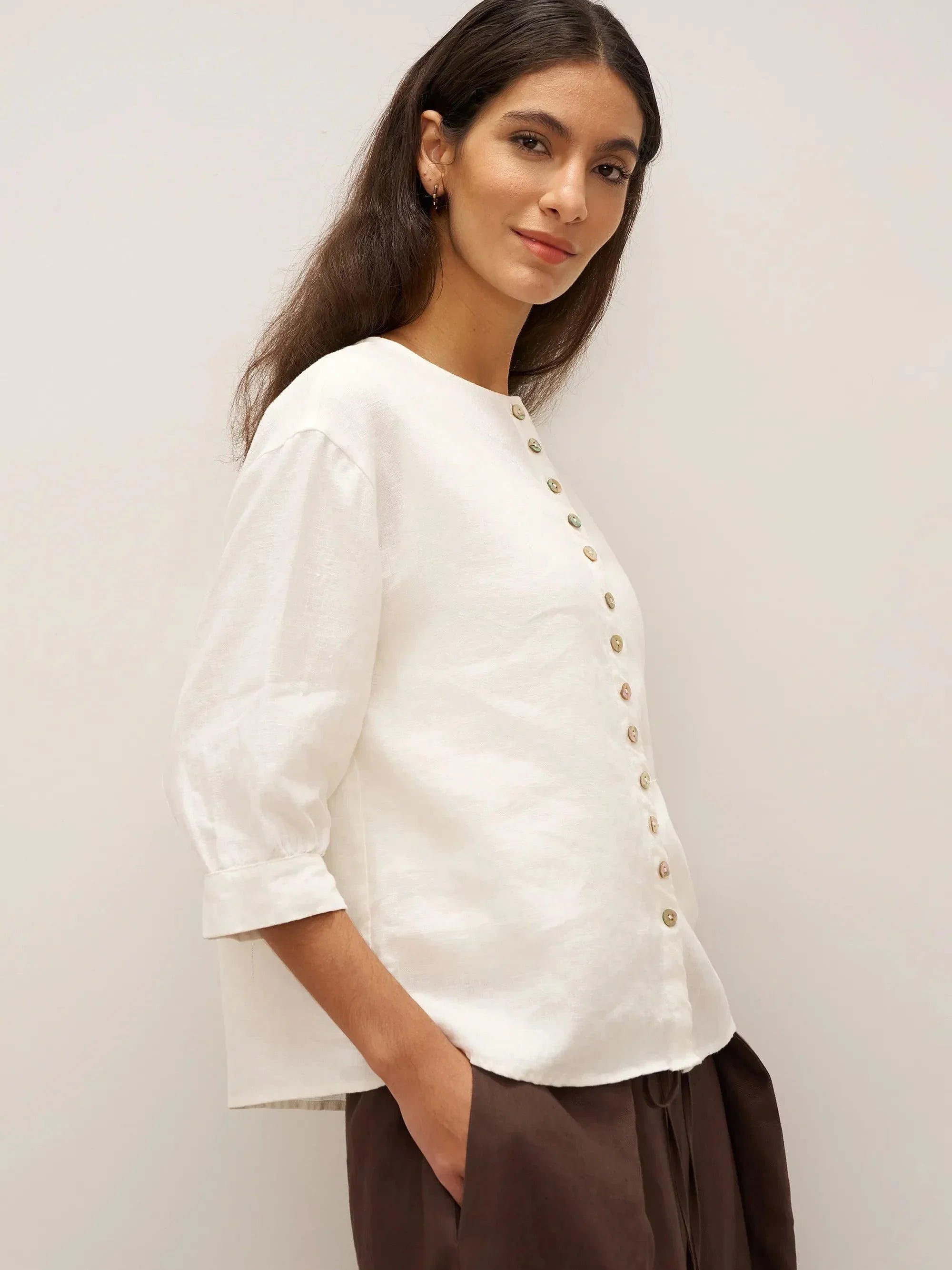 LINTICO 100% Linen Button-Front Drop Shoulder Shirt EASTER — lifestyle worn / used context