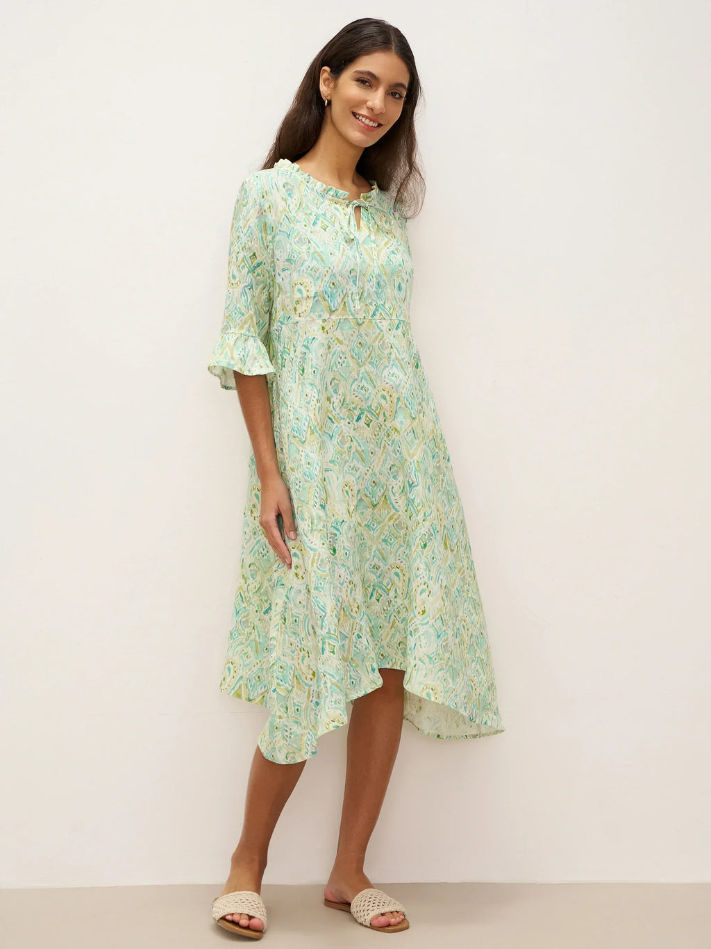 LINTICO 100% Linen A-Line Ruffled Collar Tie-Neck Midi Dress LIVIA — main product shot