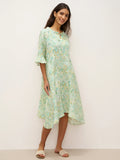 LINTICO 100% Linen A-Line Ruffled Collar Tie-Neck Midi Dress LIVIA — main product shot