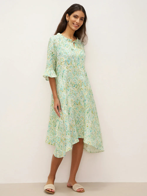 LINTICO 100% Linen A-Line Ruffled Collar Tie-Neck Midi Dress LIVIA — main product shot