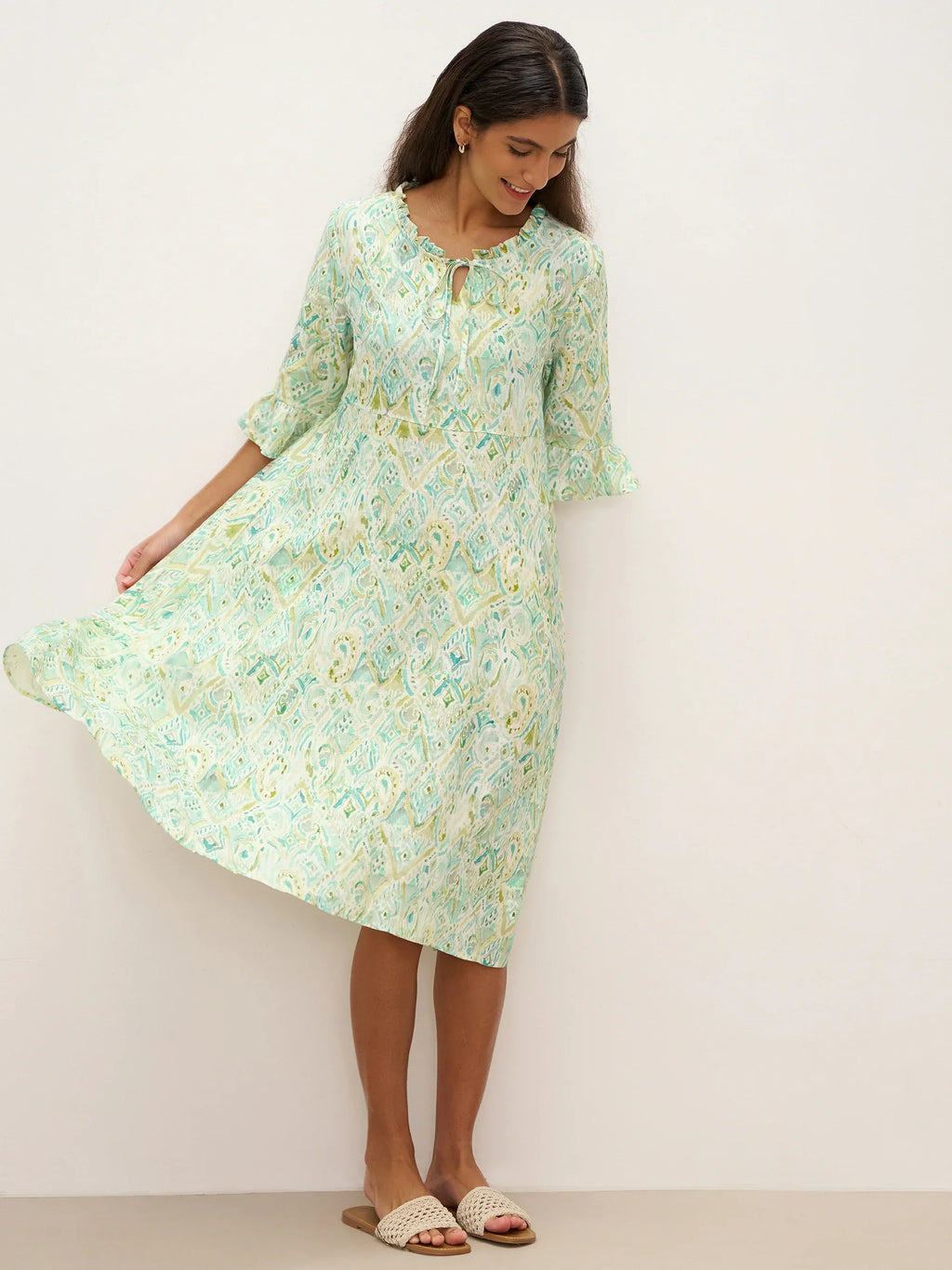 LINTICO 100% Linen A-Line Ruffled Collar Tie-Neck Midi Dress LIVIA — lifestyle worn / used context