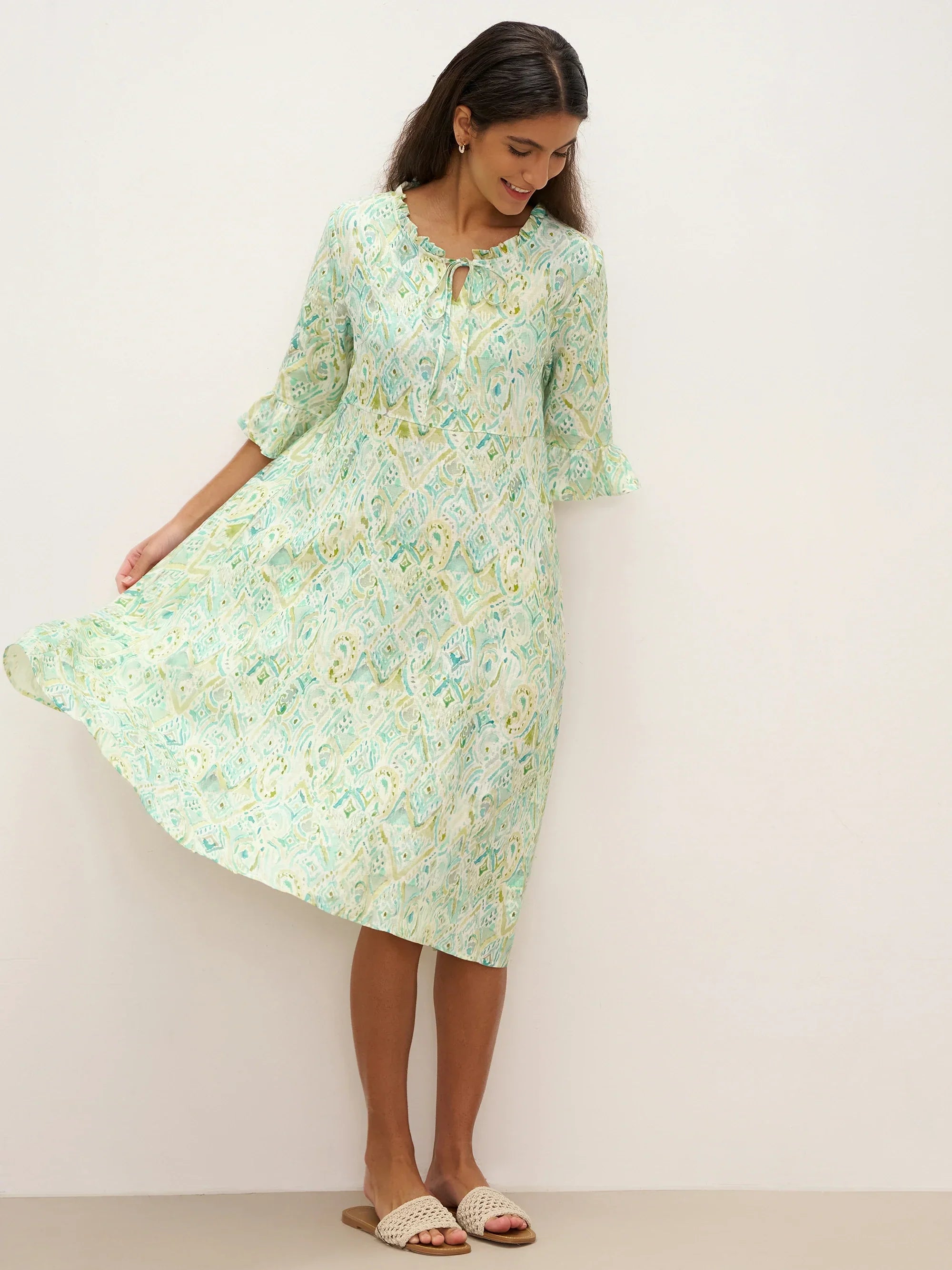 LINTICO 100% Linen A-Line Ruffled Collar Tie-Neck Midi Dress LIVIA — lifestyle worn / used context